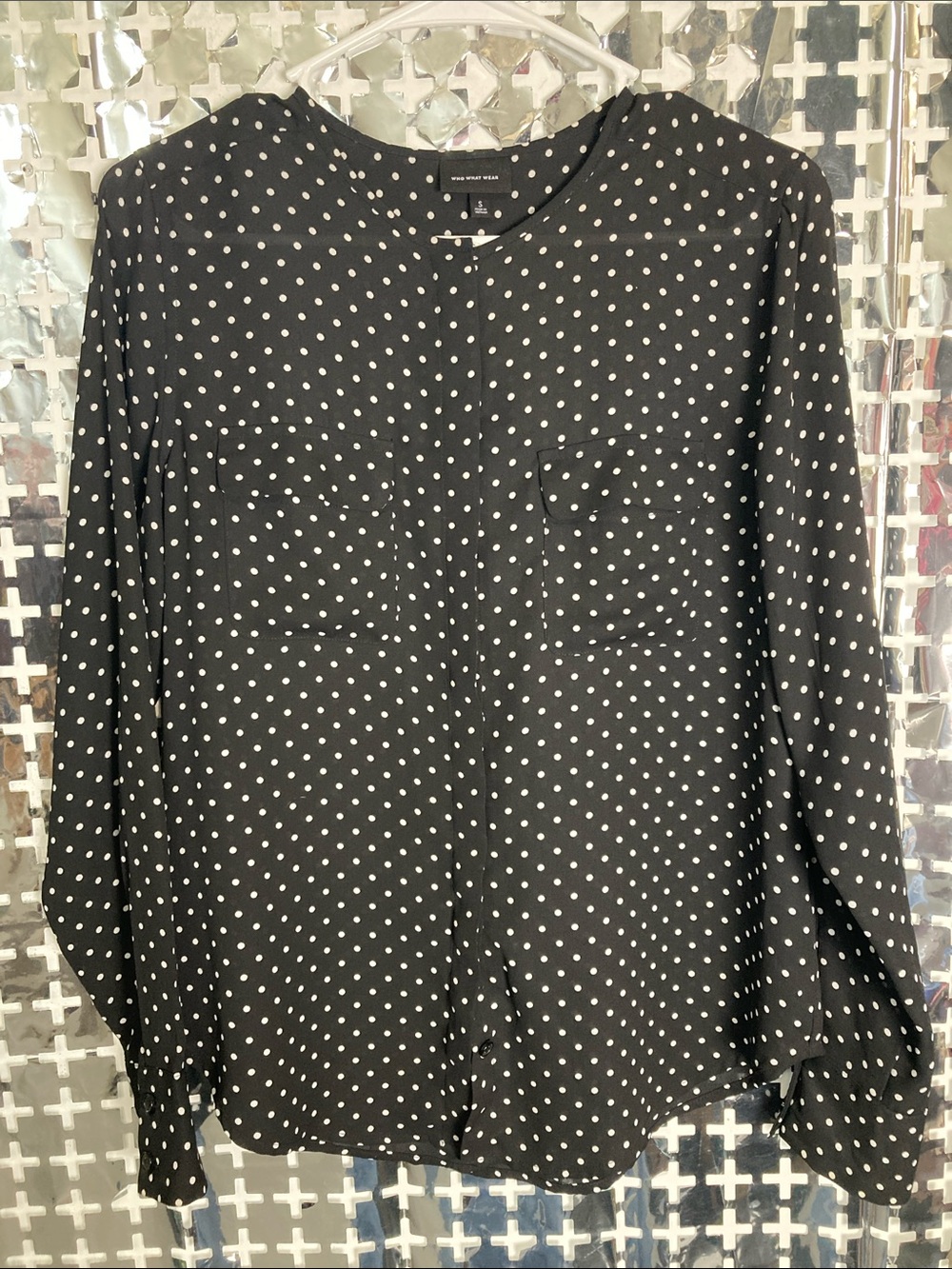 Who What Wear Black Blouse with White Polka Dots